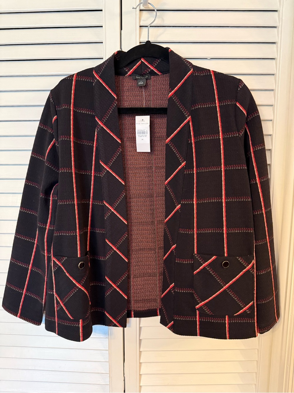 Ann Taylor Black Pink Windowpane Open‑Front Blazer NWT